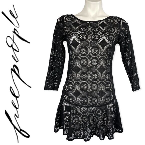 Free People Walking to the Sun Black Lace Mini Dress 0 Ruffle Sheer Tunic Top - Picture 2 of 16